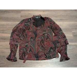 Lauren Ralph Lauren Red Paisley Ruffle Sleeve V-Neck Blouse Top XS